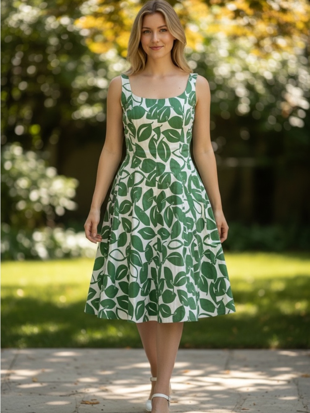 Nine West White and Green Leaf-Print Midi Dress